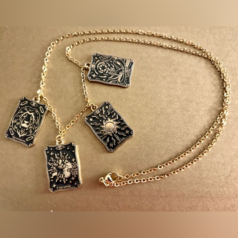 NWOT Necklace tarot card charms: strength, sun, lovers, star black enamel 21β - Picture 3 of 9